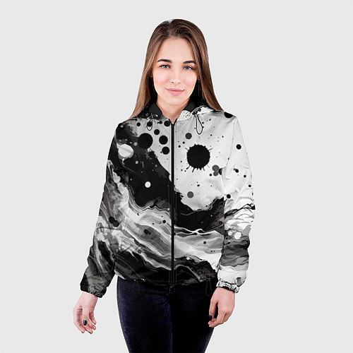 Женская куртка Чёрно-белая абстракция - кляксы / 3D-Черный – фото 4