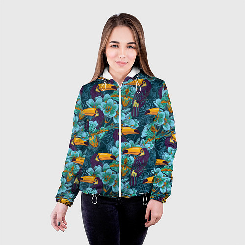 Женская куртка Узор цветы с туканом / 3D-Белый – фото 4