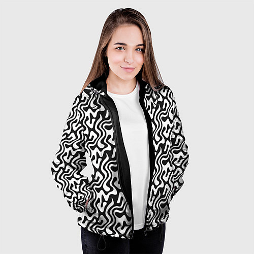 Женская куртка Черно-белый узор с абстрактными линиями / 3D-Черный – фото 3