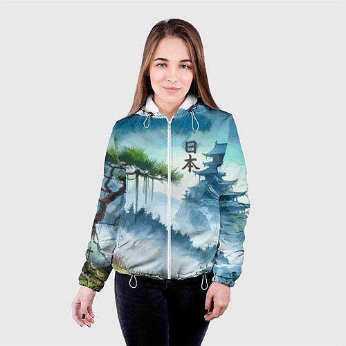 Женская куртка Японский пейзаж - акварель живопись / 3D-Белый – фото 4