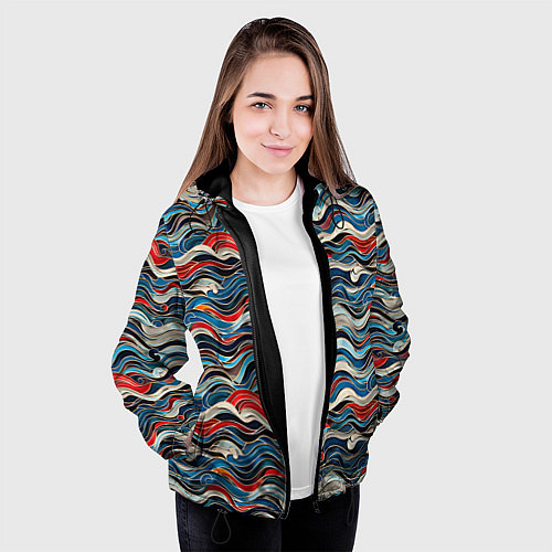 Женская куртка Разноцветные абстрактные волны / 3D-Черный – фото 3