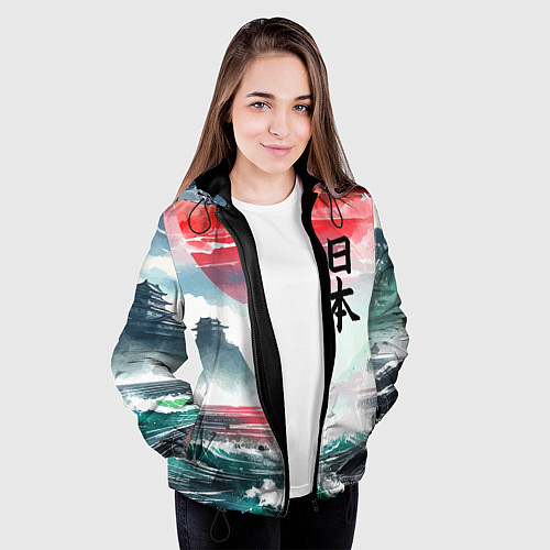Женская куртка Япония - страна восходящего солнца - акварель / 3D-Черный – фото 3