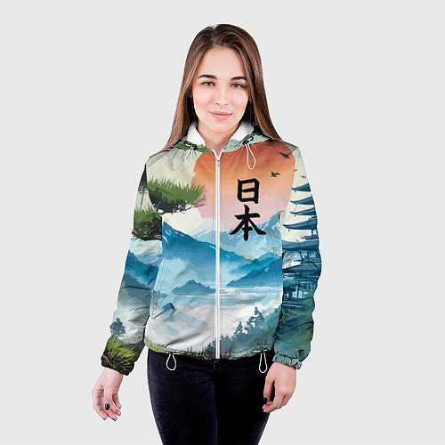 Женская куртка Восход красного солнца - Японский пейзаж / 3D-Белый – фото 4