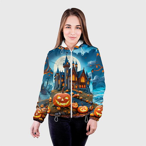 Женская куртка Ночь Хэллоуина тыквы и замок / 3D-Белый – фото 4