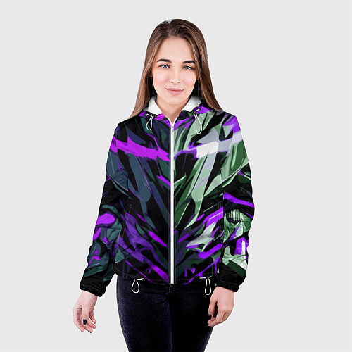 Женская куртка Хаотичная чёрно-фиолетово абстракция / 3D-Белый – фото 4