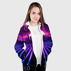 Куртка с капюшоном женская Город на закате и неоновые полосы, цвет: 3D-белый — фото 2