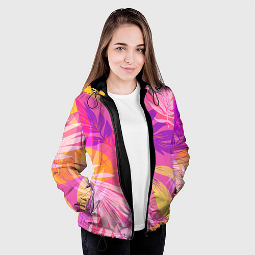 Женская куртка Летний фон с цветными листьями в акварельном стиле / 3D-Черный – фото 3