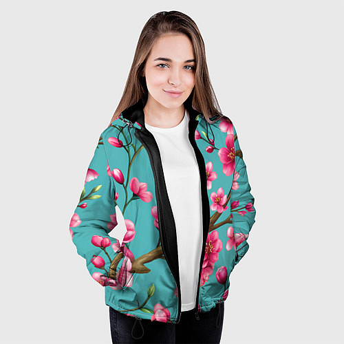 Женская куртка Ветка розовой сакуры / 3D-Черный – фото 3