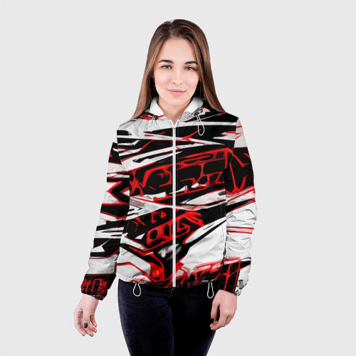 Женская куртка Красно-чёрная агрессивная абстракция на белом фоне / 3D-Белый – фото 4