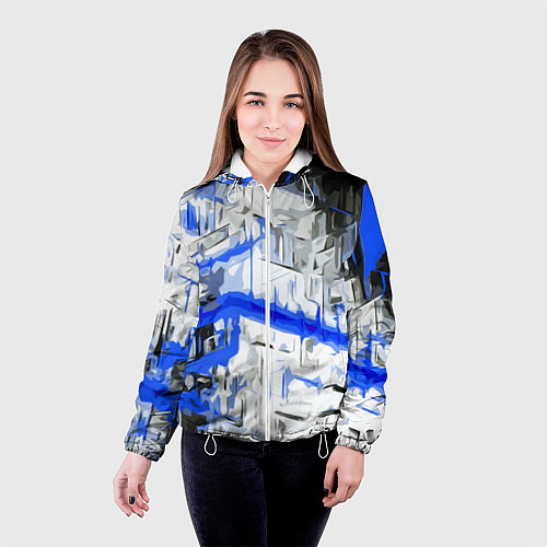 Женская куртка Сине-белая абстракция на чёрном фоне / 3D-Белый – фото 4