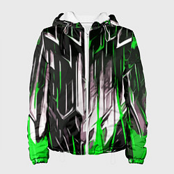 Куртка с капюшоном женская Зелёно-белые вертикальные полосы на чёрном фоне, цвет: 3D-белый