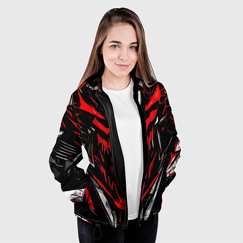Женская куртка Красно-белое абстрактное лицо на чёрном фоне / 3D-Черный – фото 3
