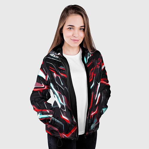 Женская куртка Красно-белые абстрактные линии на чёрном фоне / 3D-Черный – фото 3