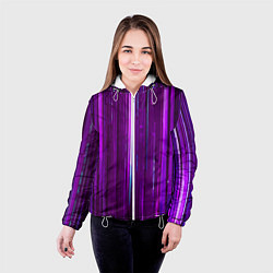 Куртка с капюшоном женская Вертикальные фиолетовые линии на чёрном фоне, цвет: 3D-белый — фото 2