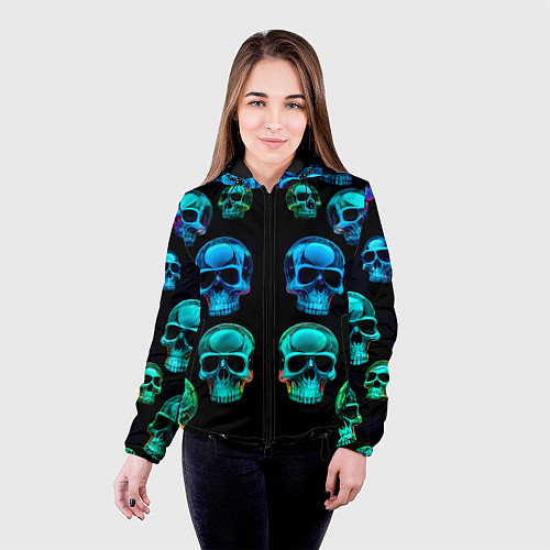 Женская куртка Neon skulls - ai art pattern / 3D-Черный – фото 4