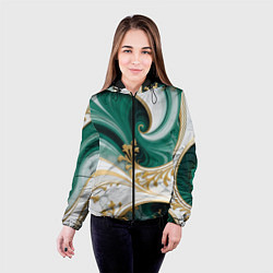 Куртка с капюшоном женская Зеленые волны и золотые веточки, цвет: 3D-черный — фото 2