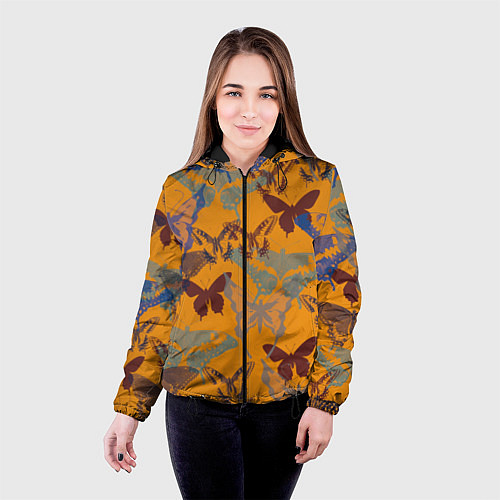Женская куртка Бабочки на оранжевом - паттерн / 3D-Черный – фото 4