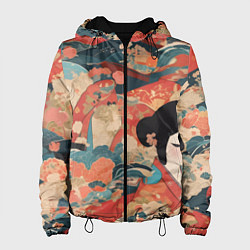 Куртка с капюшоном женская Японский орнамент с девушкой, цвет: 3D-черный