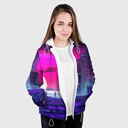 Куртка с капюшоном женская Synthwave неоновый город, цвет: 3D-белый — фото 2