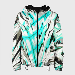 Куртка с капюшоном женская Чёрно-голубая агрессивная абстракция на белом фоне, цвет: 3D-черный