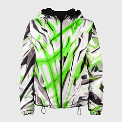 Куртка с капюшоном женская Чёрно-зелёная агрессивная абстракция на белом фоне, цвет: 3D-черный