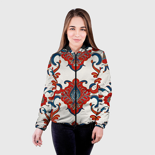 Женская куртка Узор красно-синий на белом фоне / 3D-Черный – фото 4