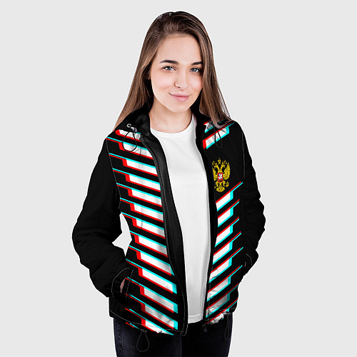 Женская куртка Герб РФ глитч геометрия / 3D-Черный – фото 3