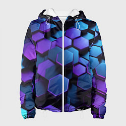 Куртка с капюшоном женская Трехмерные фиолетовые шестиугольники, цвет: 3D-белый