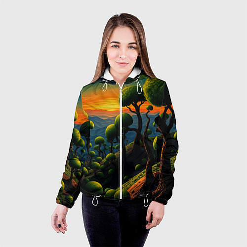 Женская куртка Лес из зеленых инопланетных деревьев в стиле Сальв / 3D-Белый – фото 4
