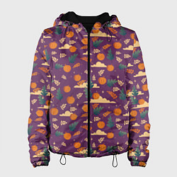 Куртка с капюшоном женская Маленькие тыквы на фиолетовом фоне, цвет: 3D-черный