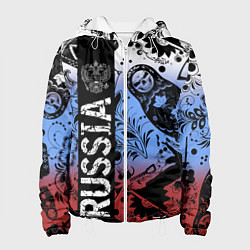 Женская куртка Герб России на фоне матрёшек балалайки и славянски