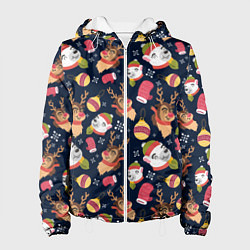 Куртка с капюшоном женская Новогодний детский паттерн с животными, цвет: 3D-белый