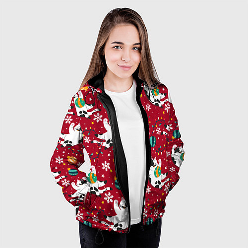 Женская куртка Новогодний паттерн с котиками / 3D-Черный – фото 3