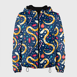 Куртка с капюшоном женская Новогодний паттерн символ года 2025, цвет: 3D-черный