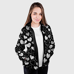 Куртка с капюшоном женская Белые сердечки на черном фоне, цвет: 3D-черный — фото 2