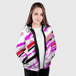 Куртка с капюшоном женская Красно-розово-чёрные полосы на белом фоне, цвет: 3D-черный — фото 2