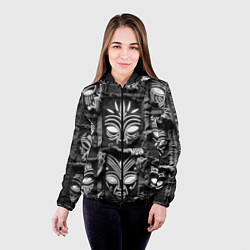 Куртка с капюшоном женская Африканские маски на пэчворк дениме, цвет: 3D-черный — фото 2