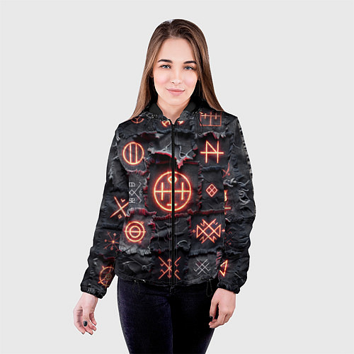 Женская куртка Символы викингов на пэчворк дениме / 3D-Черный – фото 4
