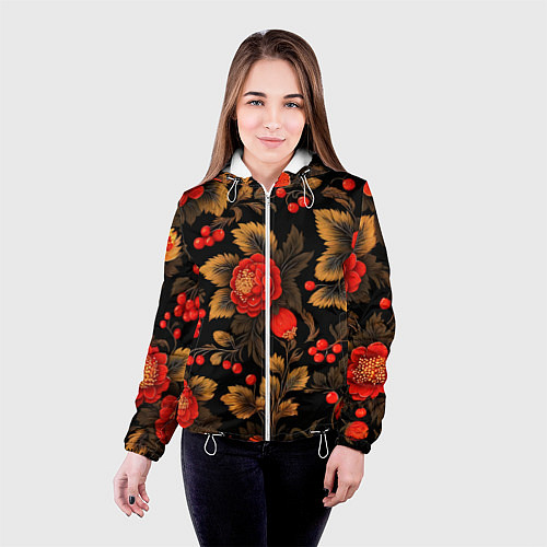 Женская куртка Русская хохлома, цветы, паттерн / 3D-Белый – фото 4