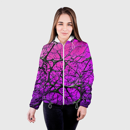 Женская куртка Чёрные волокна и фиолетовый градиент абстракция / 3D-Белый – фото 4