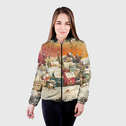 Женская куртка Новогодний город из разноцветных домов / 3D-Черный – фото 4