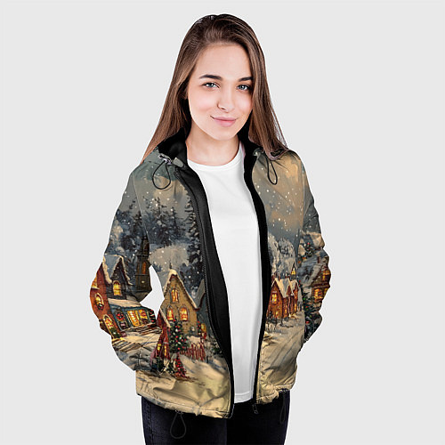 Женская куртка Новогодние зимние домики / 3D-Черный – фото 3