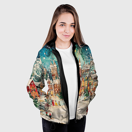 Женская куртка Новогодний снежный город / 3D-Черный – фото 3