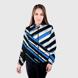 Куртка с капюшоном женская Бело-синие диагональные полосы на чёрном фоне, цвет: 3D-черный — фото 2