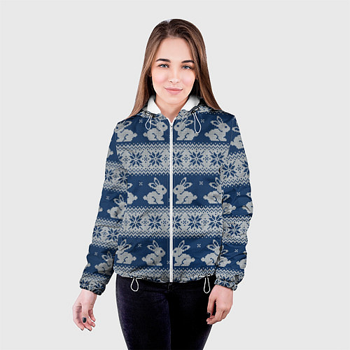 Женская куртка Вязаный зимний узор с милыми зайчатами / 3D-Белый – фото 4