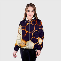 Куртка с капюшоном женская Чёрные шестиугольники на чёрном фоне, цвет: 3D-белый — фото 2