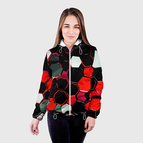 Женская куртка Красно-белые шестиугольники на чёрном фоне / 3D-Белый – фото 4