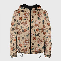 Куртка с капюшоном женская Узор с пряниками и специями для глинтвейна, цвет: 3D-черный