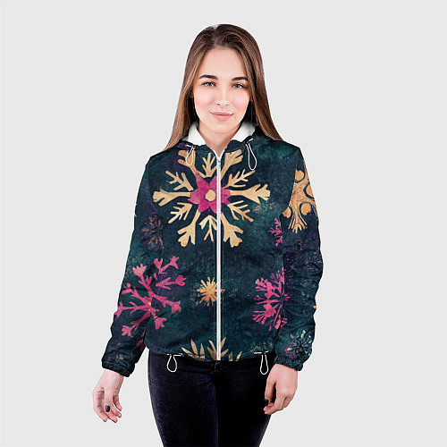 Женская куртка Новогодние разноцветные снежинки / 3D-Белый – фото 4