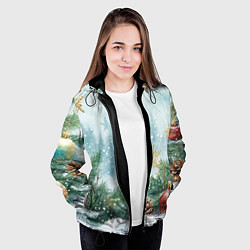 Куртка с капюшоном женская Золотые снежинки - новогодний фон, цвет: 3D-черный — фото 2